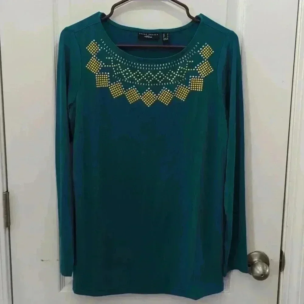 Susan Graver Artisan Liquid Knit Embellished Long-Sleeve Top